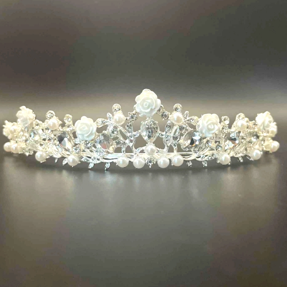 Rhinestones & Pearls Bridal Tiara Floral Roses Accents Fairy Princess Costume